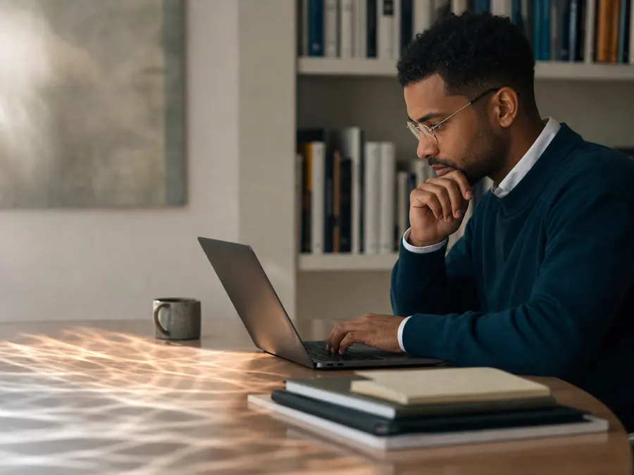 A professional working thoughtfully with a laptop